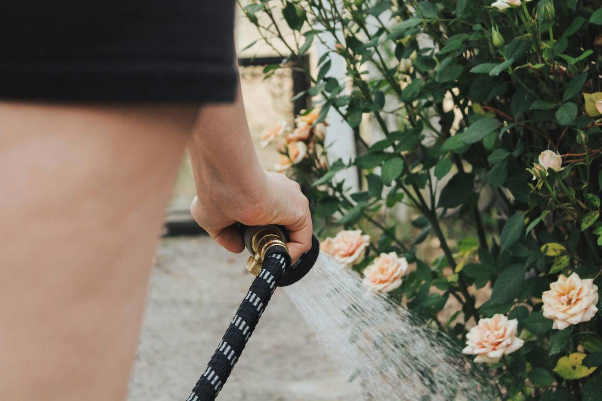 Hand holding an adjustable spray nozzle bunnings sells next to a garden hose on grass